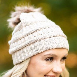 Apricot Knit Beanie with Pom-Pom